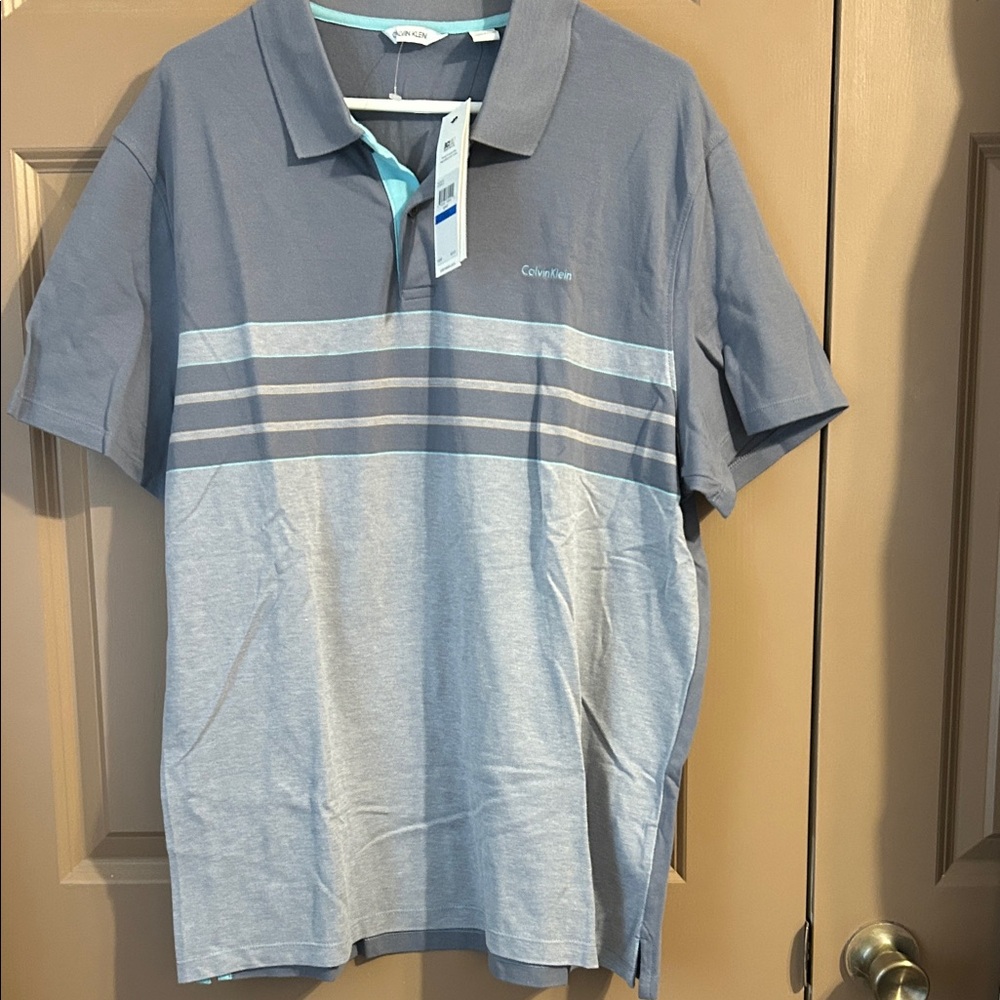 Calvin Klein Men's Gray and Light Blue Striped Polo